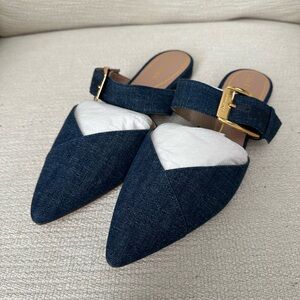 BNIB Cole Haan Vandam Denim Blue Mules with Gold Buckle